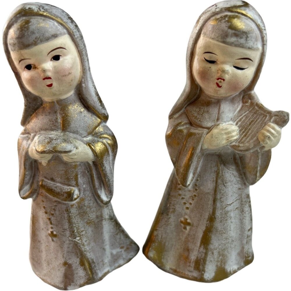 2 Vintage Nun Figurines 5” Tall Gold Habits Singing Playing Harp Lyre Japan